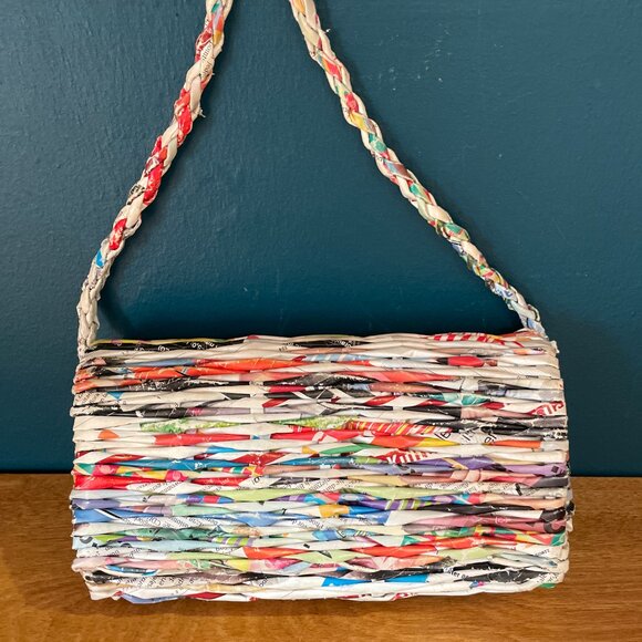 Recycled Rolled Newspaper Magazine  10”  Purse With Paper Braided Strap - Picture 3 of 6